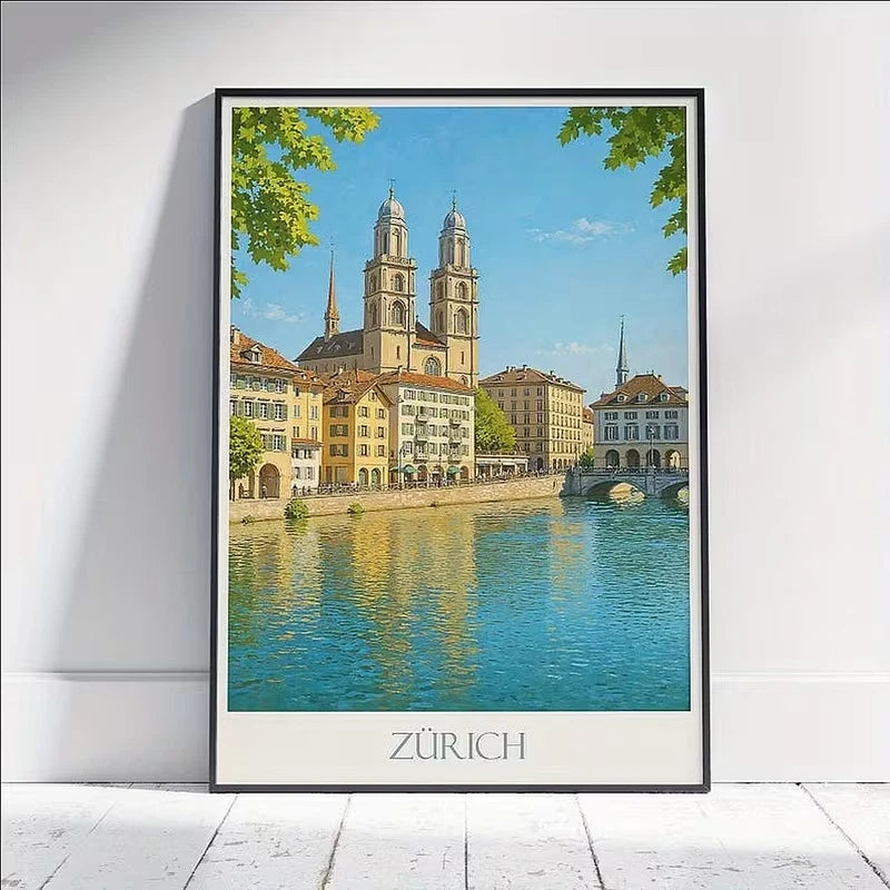 Zürich Switzerland Grossmünster Cityscape River Travel Poster Print Wall Art