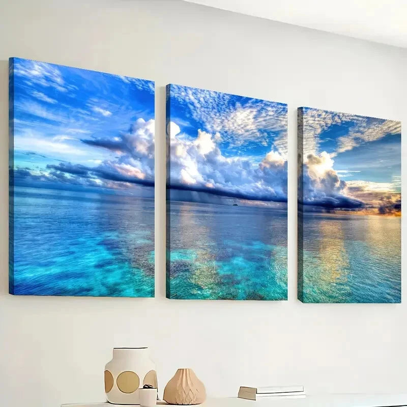 3pcs Blue Sky And White Clouds Sunny Perfect Wall Art Set Canvas Framed 40x60cm - High Quality Print 100% Australian Made Wall Canvas Ready to Hang