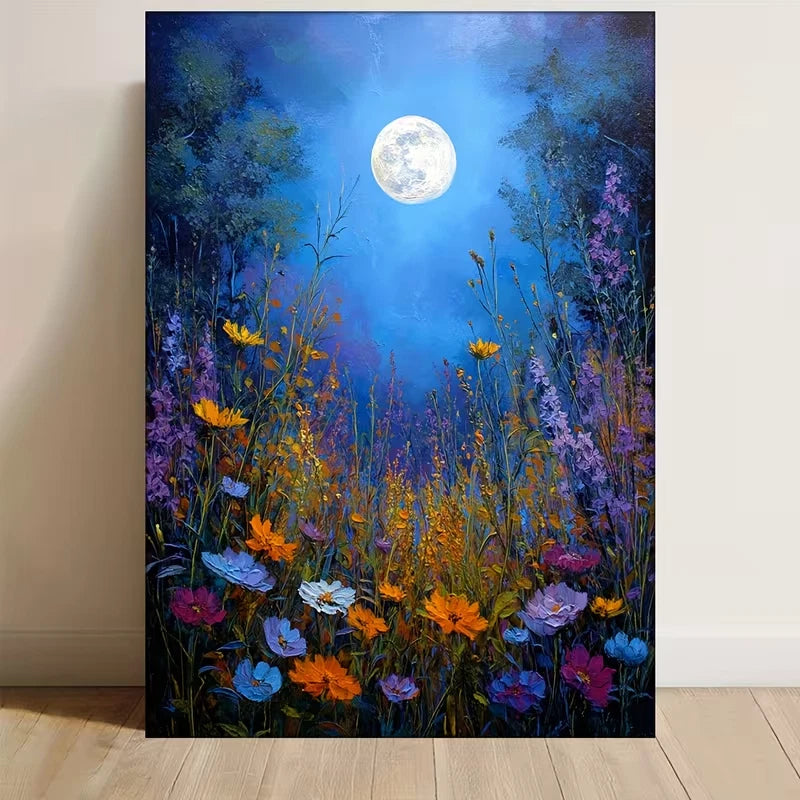 Manga Style Full Moon & Wildflowers Metal Print Ready to Hang