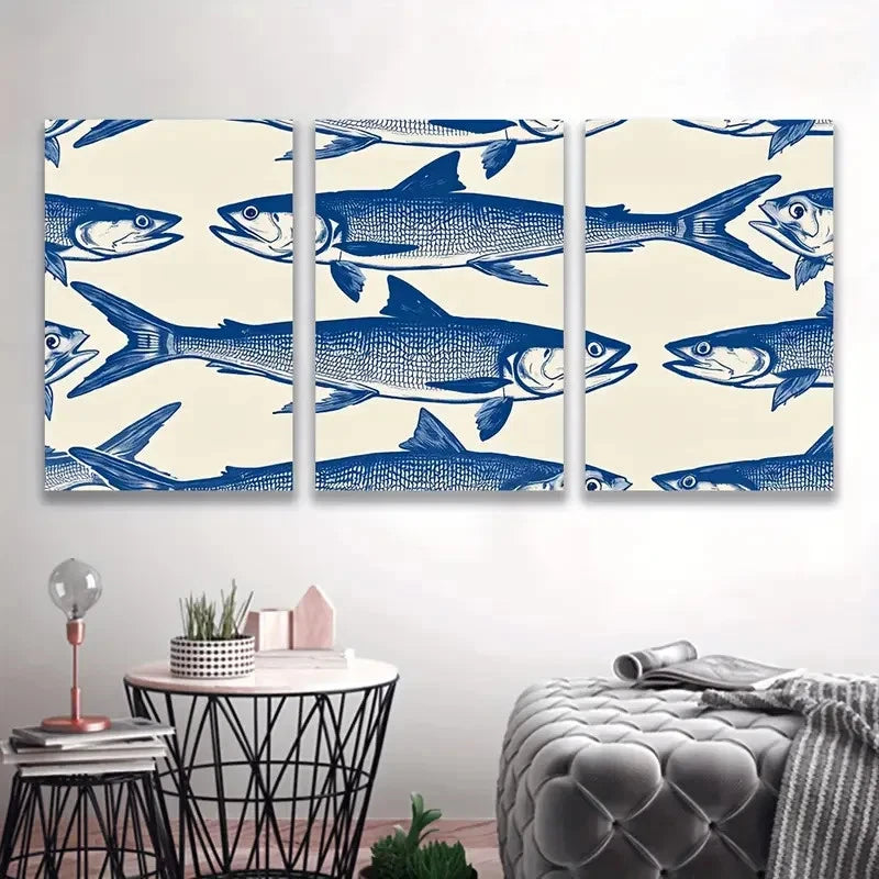 3pcs Blue & Beige Fish Painting T Wall Art Set Canvas Framed 50x70cm - High Quality Print 100% Australian Made Wall Canvas Ready to Hang