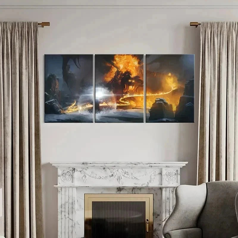 3pcs Middle-Earth Wizard & Fire Monster Wall Art Set Canvas Framed 40x60cm - High Quality Print 100% Australian Made Wall Canvas Ready to Hang