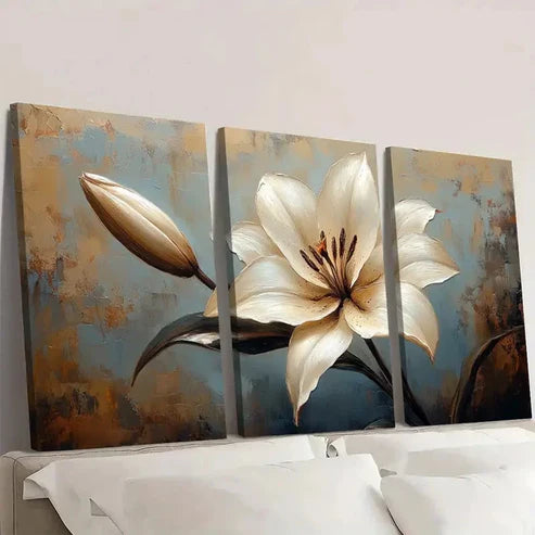 3pcs Beige & Blue Floral Wall Decor BB Wall Art Set Canvas Unframed - High Quality Print 100% Australian Made Wall Canvas