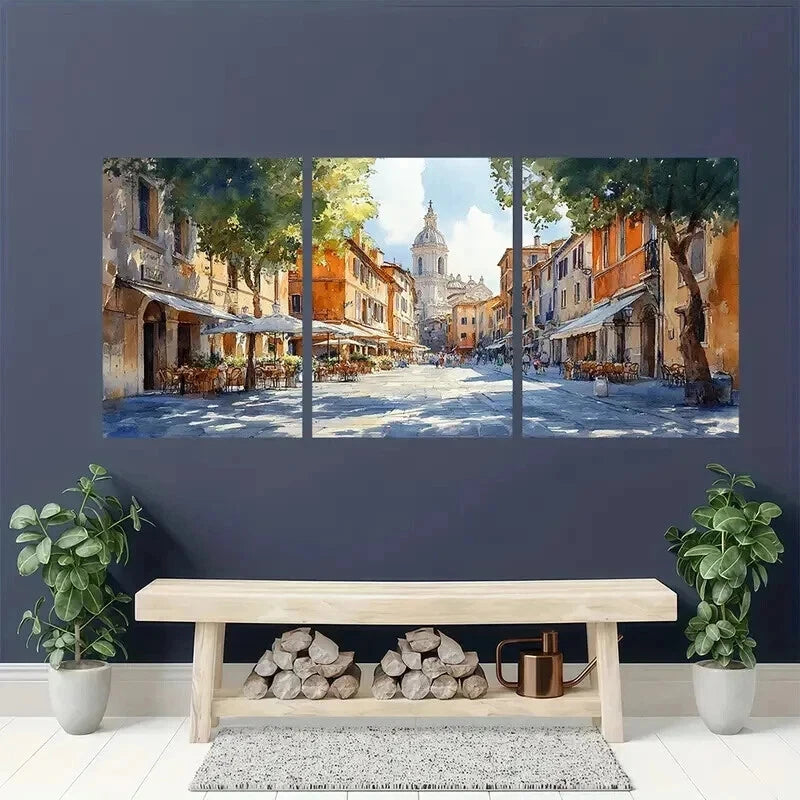 3pcs Italian Street Cafes & Historic Buildings Wall Art Set Canvas Framed 50x70cm - High Quality Print 100% Australian Made Wall Canvas Ready to Hang