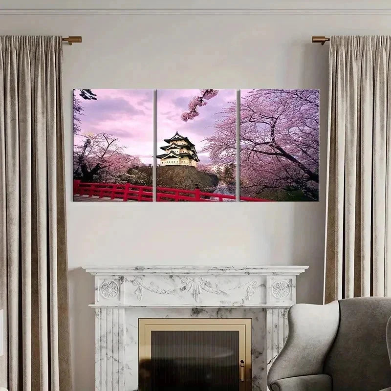 3pcs Hirosaki Castle Cherry Blossoms Wall Art Set Canvas Framed 40x60cm - High Quality Print 100% Australian Made Wall Canvas Ready to Hang
