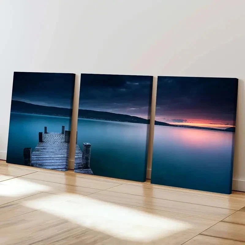 3pcs Sunset Lake & Mountain Pier View Wall Art Set Canvas Framed 40x60cm - High Quality Print 100% Australian Made Wall Canvas Ready to Hang