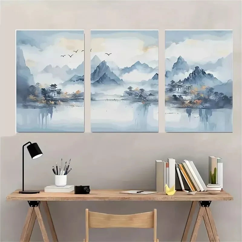 3pcs Modern Blue Abstract Mountain Murals Wall Art Set Canvas Framed 50x70cm - High Quality Print 100% Australian Made Wall Canvas Ready to Hang - Bella Home Decor