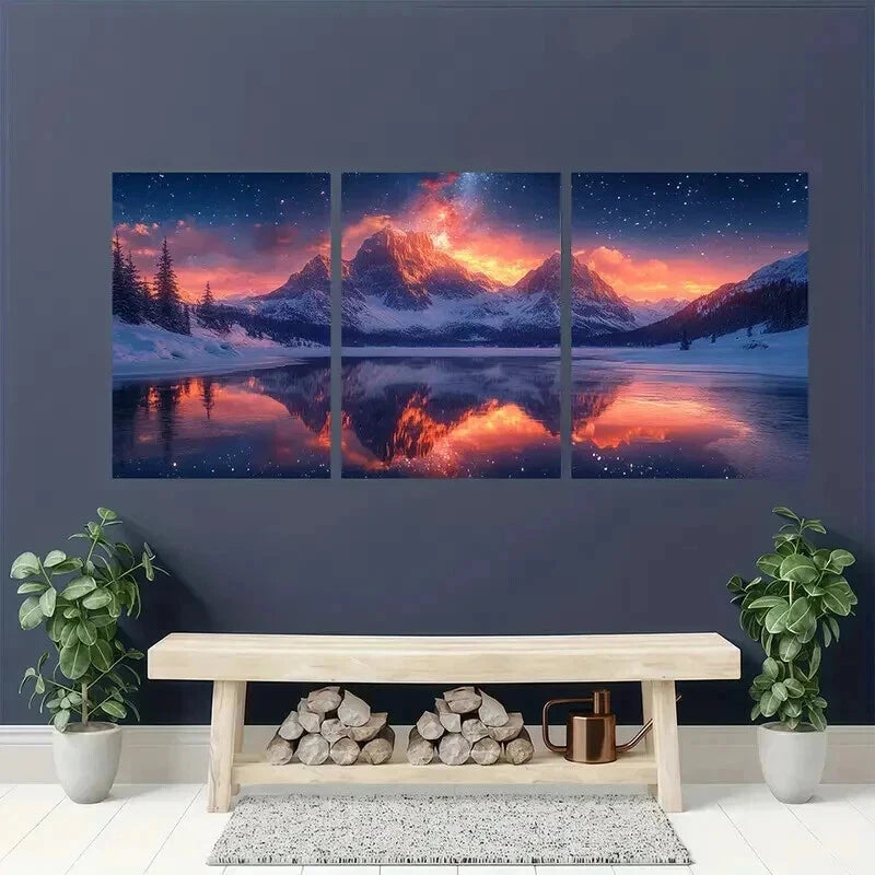 3pcs Starry Sky Above The Snow covered Mountains Wall Art Set Canvas Framed 40x60cm - High Quality Print 100% Australian Made Wall Canvas Ready to Hang