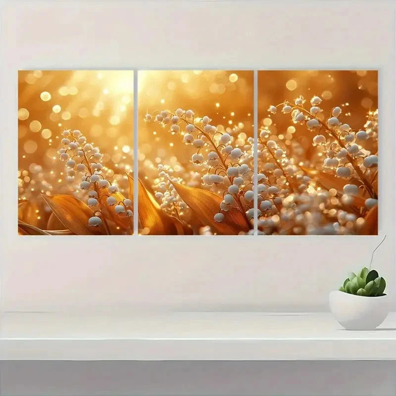 3pcs Lily of the Valley Floral Art A Wall Art Set Canvas Framed 40x60cm - High Quality Print 100% Australian Made Wall Canvas Ready to Hang