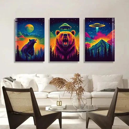 3pcs Wild Bear UFO and Cosmic Landscape Perfect Wall Art Canvas Unframed – High Quality Print 100% Australian Made Wall Canvas