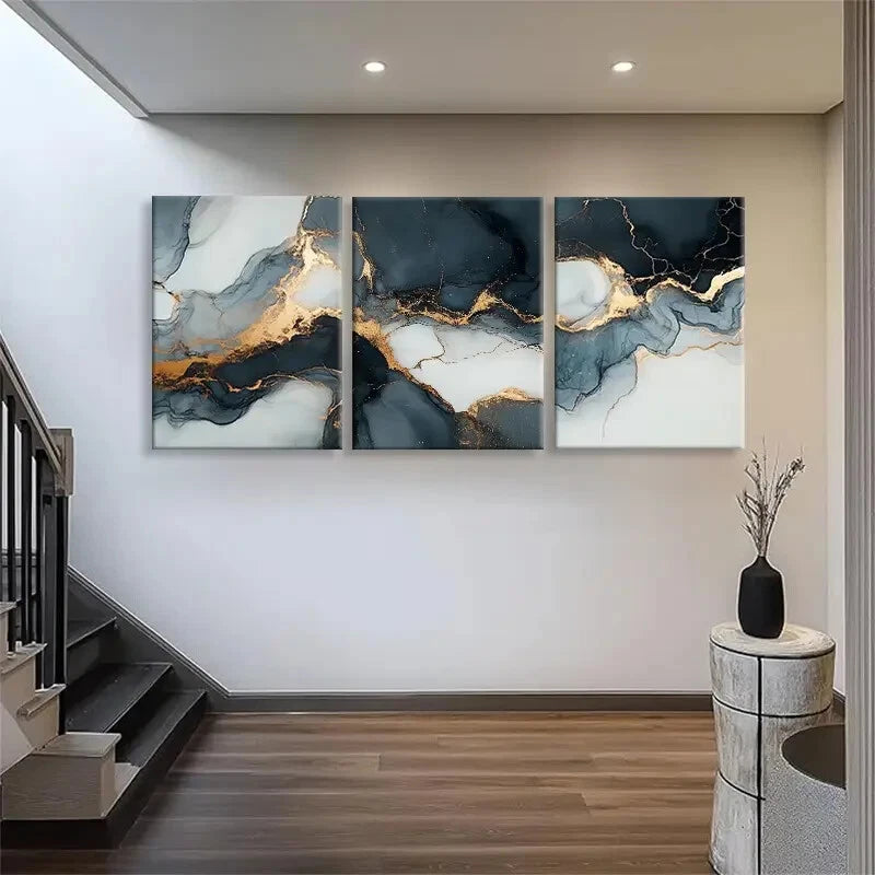 3pcs Elegant Marble Dark Blue and Golden Perfect Wall Art Set Canvas Framed 40x60cm - High Quality Print 100% Australian Made Wall Canvas Ready to Hang