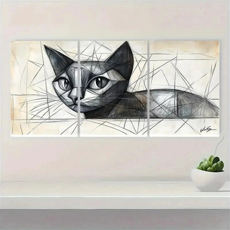 3pcs Picasso Cat Minimalist Line ET Wall Art Set Canvas Framed 60x90cm - High Quality Print 100% Australian Made Wall Canvas Ready to Hang