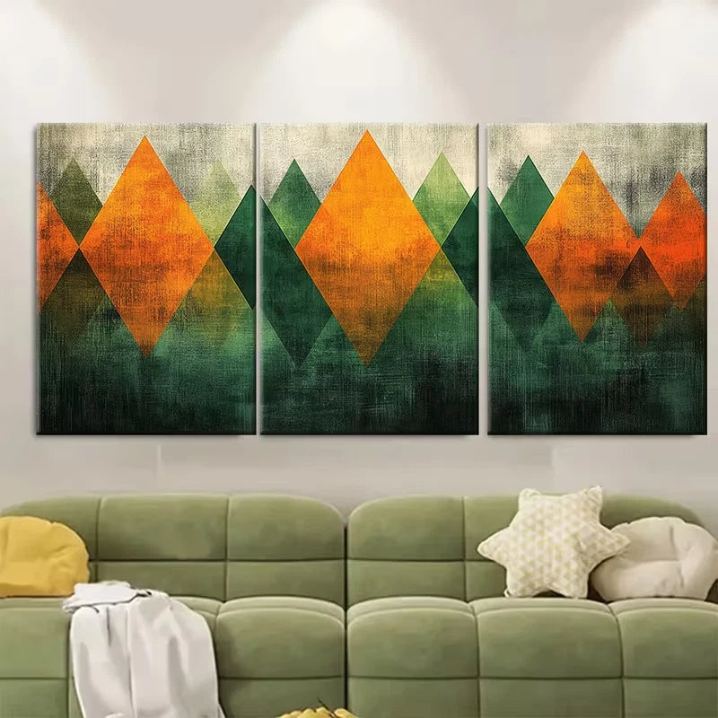 3pcs Geometric Abstract Green Orange Pattern Metal Print Ready to Hang Art