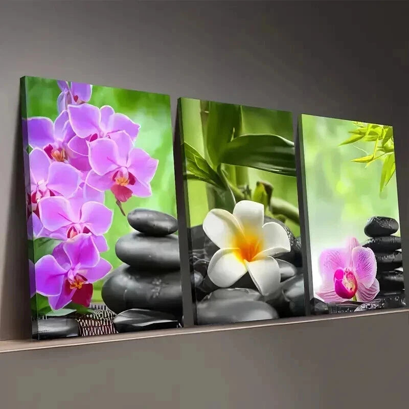 3pcs Modern Natural Flower Luck Stone Perfect Wall Art Set Canvas Framed 50x70cm - High Quality Print 100% Australian Made Wall Canvas Ready to Hang