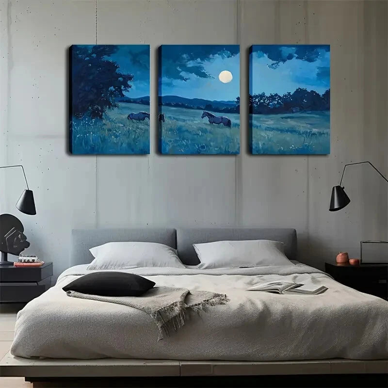 3pcs Realistic Horse and Moonlit Lands Perfect Wall Art Set Canvas Framed 40x60cm - High Quality Print 100% Australian Made Wall Canvas Ready to Hang