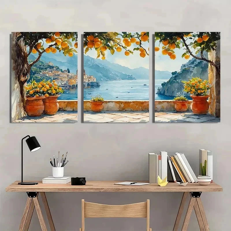 3pcs Cityscape Lemon Tree Mediterranean Perfect Wall Art Set Canvas Framed 60x90cm - High Quality Print 100% Australian Made Wall Canvas Ready to Hang