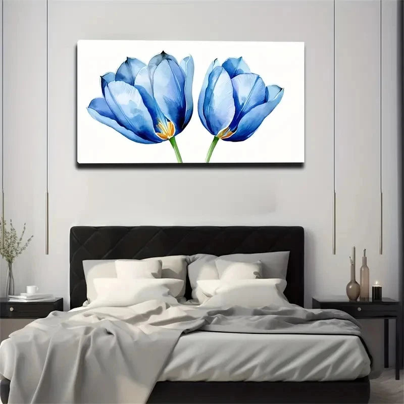 Two Poppies Blue Poppies Wall Art Canvas Office Home Room Framed 120x60cm