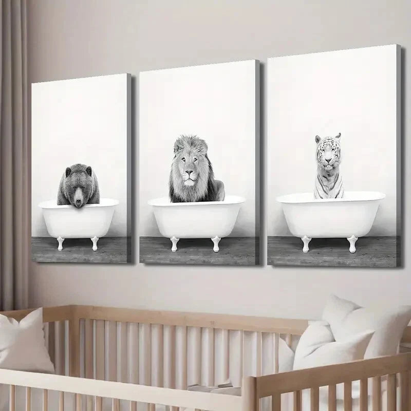 3pcs Vintage Black White Bear Lion Tiger Perfect Wall Art Set Canvas Framed 40x60cm - High Quality Print 100% Australian Made Wall Canvas Ready to Hang