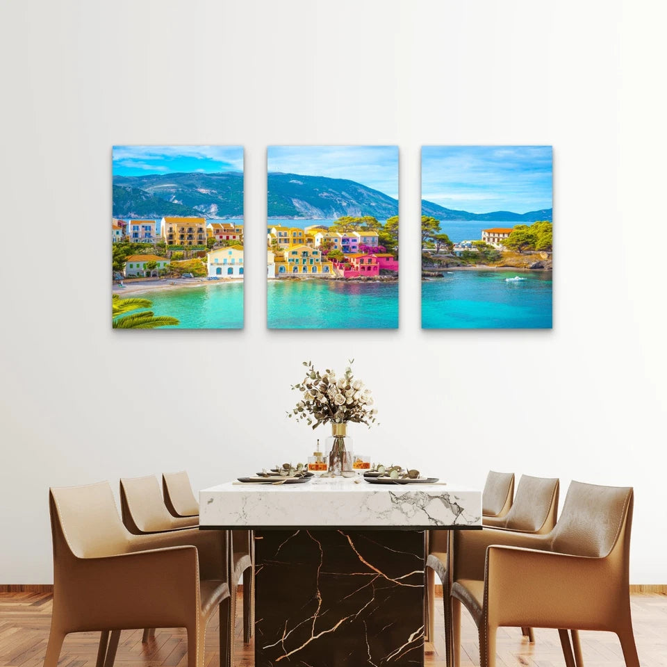 3pcs Colorful Assos Village on Kefalonia Wall Art Set Canvas Framed 40x60cm - High Quality Print 100% Australian Made Wall Canvas Ready to Hang