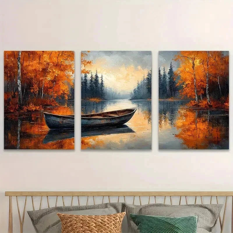 3pcs Autumn River Boat Rustic Fall Perfect Wall Art Set Canvas Framed 60x90cm - High Quality Print 100% Australian Made Wall Canvas Ready to Hang