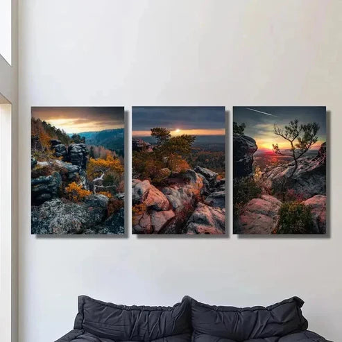 3pcs Sunset in Saxon Switzerland Mountains Wall Art Canvas Unframed – High Quality Print 100% Australian Made Wall Canvas