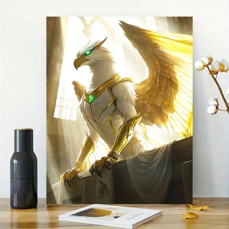 Golden Griffin Wearing White Armor with Green Eyes 40x60cm Metal Print Ready to Hang
