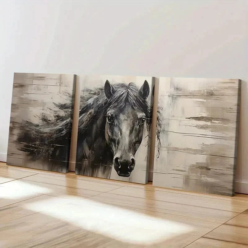 3pcs Vintage Animal Art Dark Horse Farmhouse Wall Art Set Canvas Framed 40x60cm - High Quality Print 100% Australian Made Wall Canvas Ready to Hang