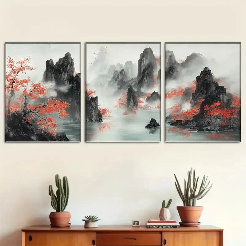 3pcs Mountain Landscape Red Swirl Décor Perfect Wall Art Set Canvas Framed 40x60cm - High Quality Print 100% Australian Made Wall Canvas Ready to Hang