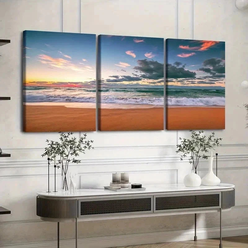 3pcs Sunset Sunrise Beach Waves Coastal Wall Art Set Canvas Framed 40x60cm - High Quality Print 100% Australian Made Wall Canvas Ready to Hang