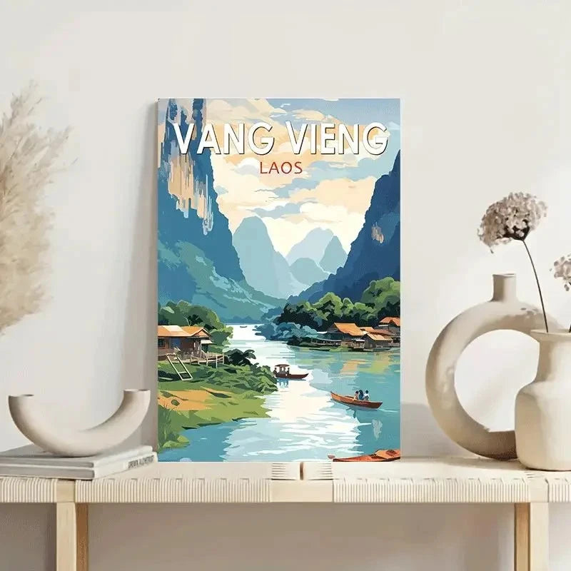 Laos Landscape Mekong River Lush Green Mountain Travel Poster Print Wall Art