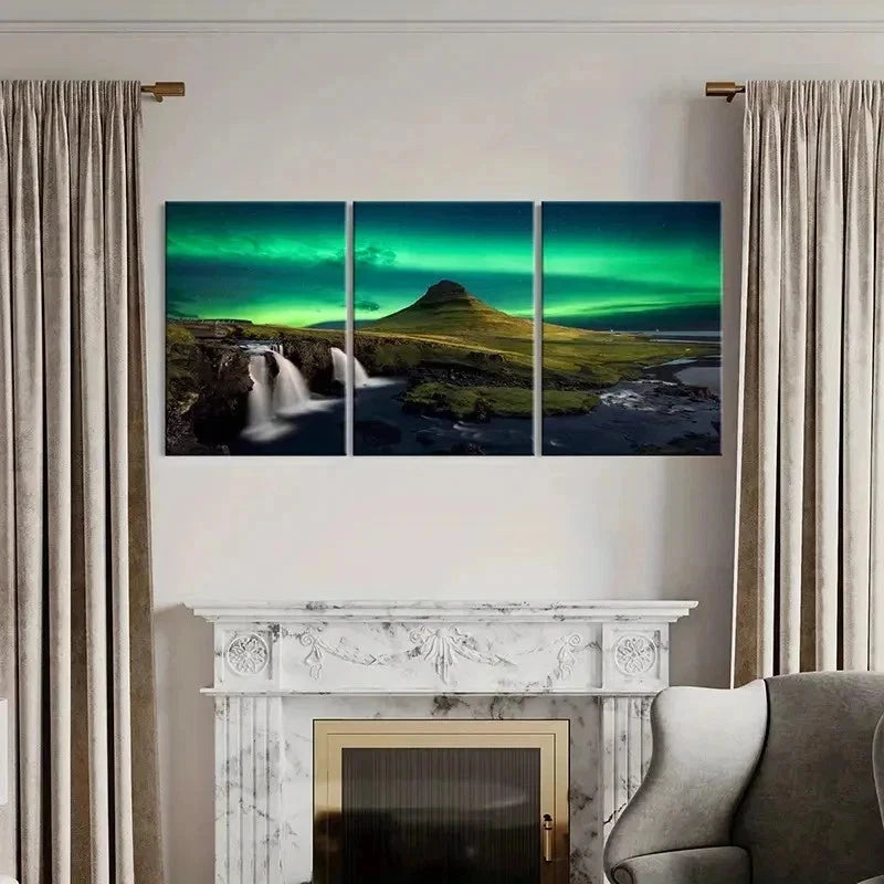 3pcs Nordic Aurora with Waterfall & Coastline Wall Art Set Canvas Framed 40x60cm - High Quality Print 100% Australian Made Wall Canvas Ready to Hang