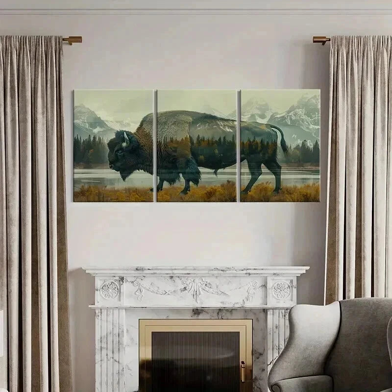 3pcs Buffalo Silhouette with Forest Landscape Wall Art Set Canvas Framed 40x60cm - High Quality Print 100% Australian Made Wall Canvas Ready to Hang