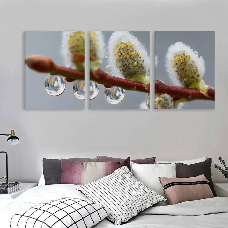 3pcs Water Droplets Cling To Willow Wall Art Set Canvas Framed 50x70cm - High Quality Print 100% Australian Made Wall Canvas Ready to Hang