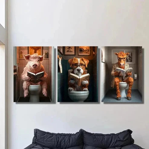 3pcs Funny Pig Dog & Horse in Bathroom Wall Art Canvas Unframed - High Quality Print 100% Australian Made Wall Canvas
