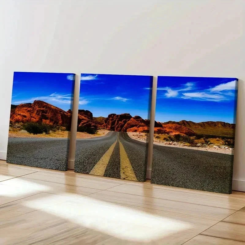 3pcs Road Sky Rocks and Mountain Wall Art Set Canvas Framed 40x60cm - High Quality Print 100% Australian Made Wall Canvas Ready to Hang