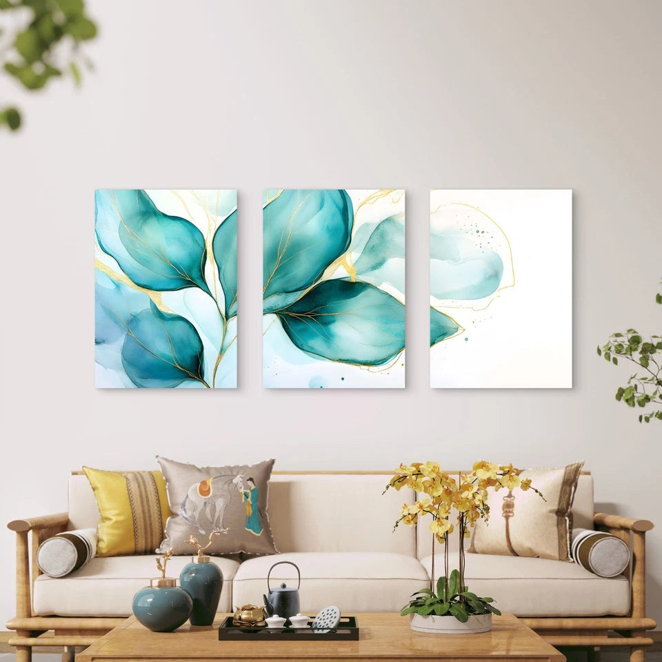 3pcs Emerald Green Leaves Outlined In Gold Wall Art Set Canvas Framed 40x60cm - High Quality Print 100% Australian Made Wall Canvas Ready to Hang