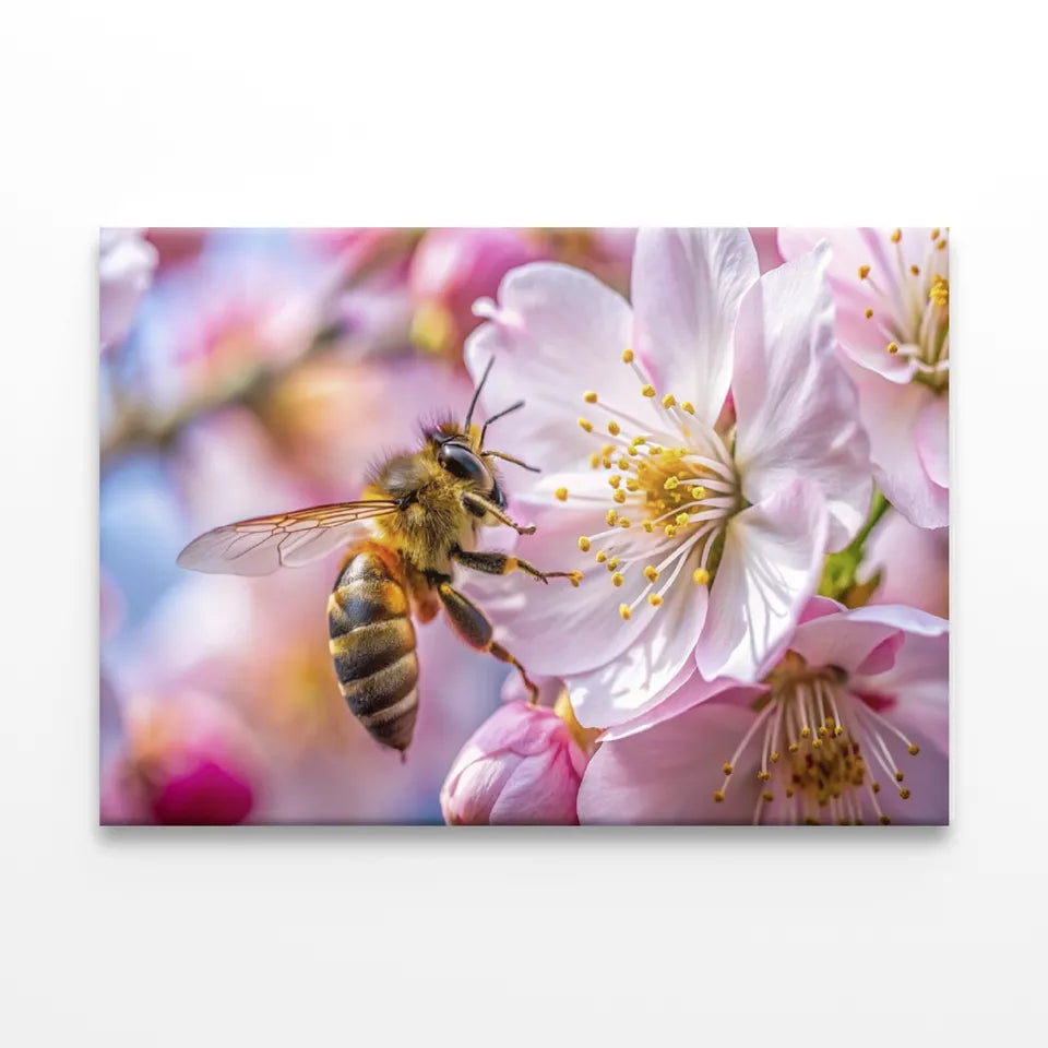 Vibrant Bee And Pink Flowers Wall Art Decor 100% Australian Made