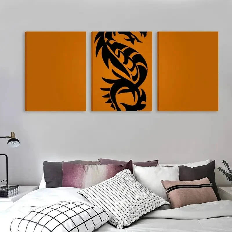 3pcs Black & Orange Modern Tribal Dragon Wall Art Set Canvas Framed 60x90cm - High Quality Print 100% Australian Made Wall Canvas Ready to Hang