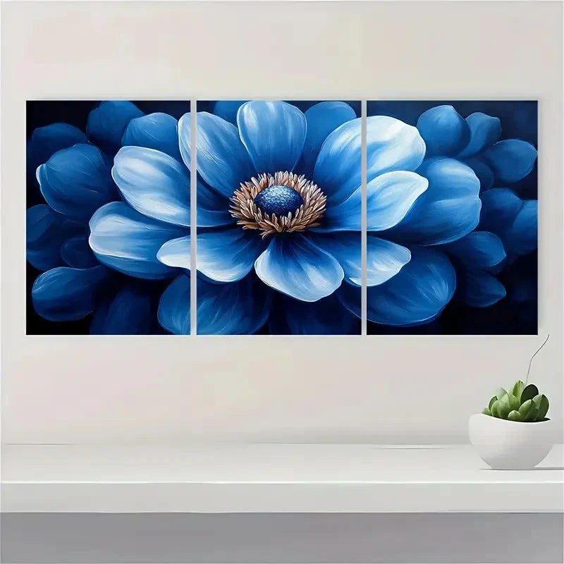 3pcs Flower Painting Print Blue Flower Art V Wall Art Set Canvas Framed 40x60cm - High Quality Print 100% Australian Made Wall Canvas Ready to Hang