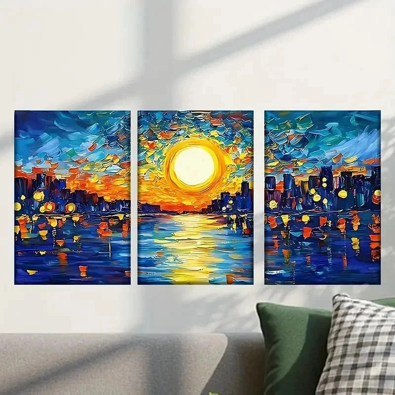 3pcs Painting of a City at Sunset Wall Art Set Canvas Framed 40x60cm - High Quality Print 100% Australian Made Wall Canvas Ready to Hang