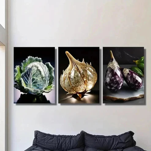 3pcs Cabbage Crystal Garlic Eggplant Wall Art Canvas Unframed - High Quality Print 100% Australian Made Wall Canvas