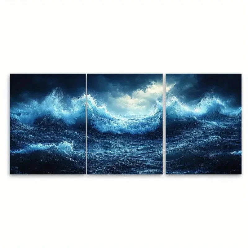 3pcs Sea Foam Waves Storm Seascape VB Wall Art Set Canvas Framed 50x70cm - High Quality Print 100% Australian Made Wall Canvas Ready to Hang