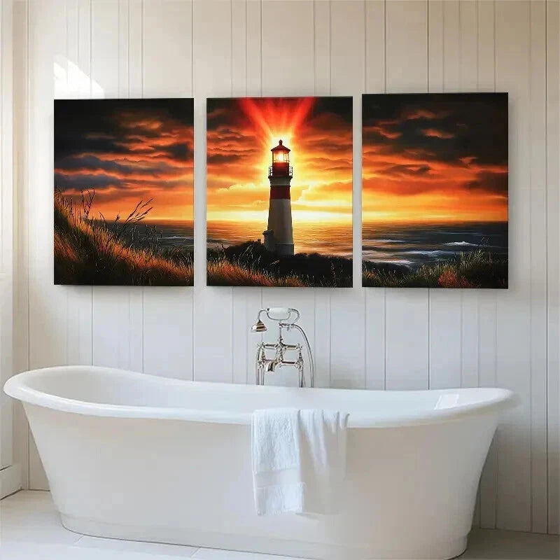 3pcs Lighthouse Warm Sunset Glow Ocean Perfect Wall Art Set Canvas Framed 40x60cm - High Quality Print 100% Australian Made Wall Canvas Ready to Hang