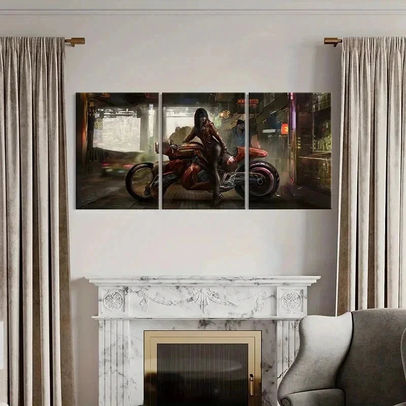 3pcs Beautiful Anime Girl with Motorcycle Wall Art Set Canvas Framed 40x60cm - High Quality Print 100% Australian Made Wall Canvas Ready to Hang