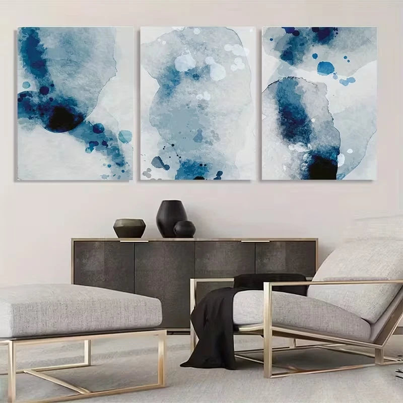 3pcs Navy & Sky Blue Abstract Paintings Wall Art Set Canvas Framed 60x90cm - High Quality Print 100% Australian Made Wall Canvas Ready to Hang