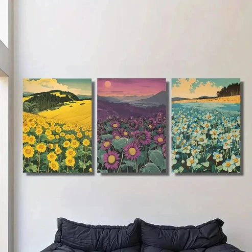 3pcs Flower Fields with Mountain & Sky Wall Art Canvas Unframed - High Quality Print 100% Australian Made Wall Canvas