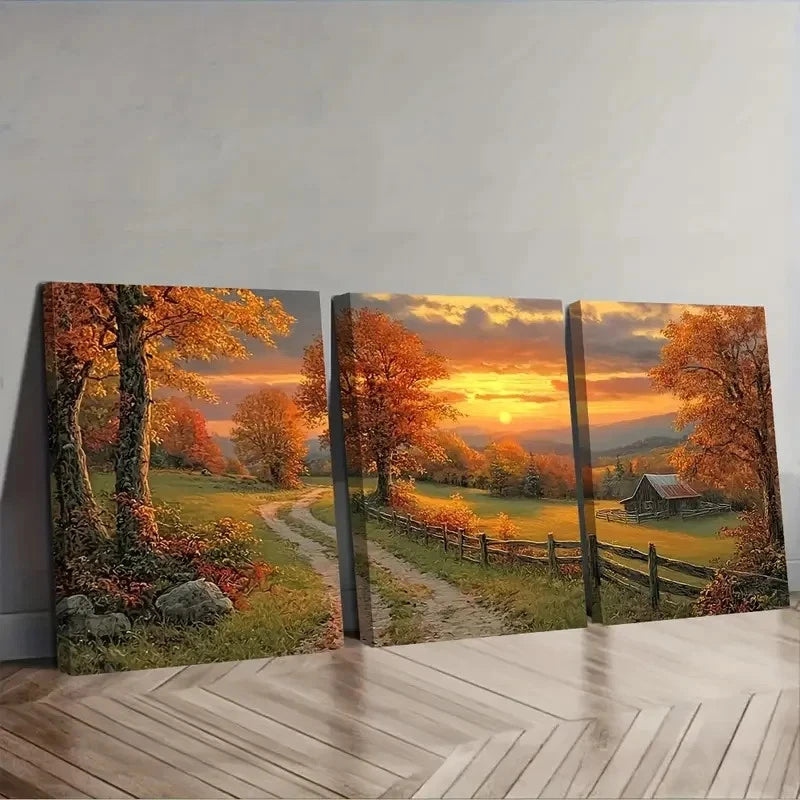 3pcs Picturesque Autumn Sunset Over Wall Art Set Canvas Framed 50x70cm - High Quality Print 100% Australian Made Wall Canvas Ready to Hang