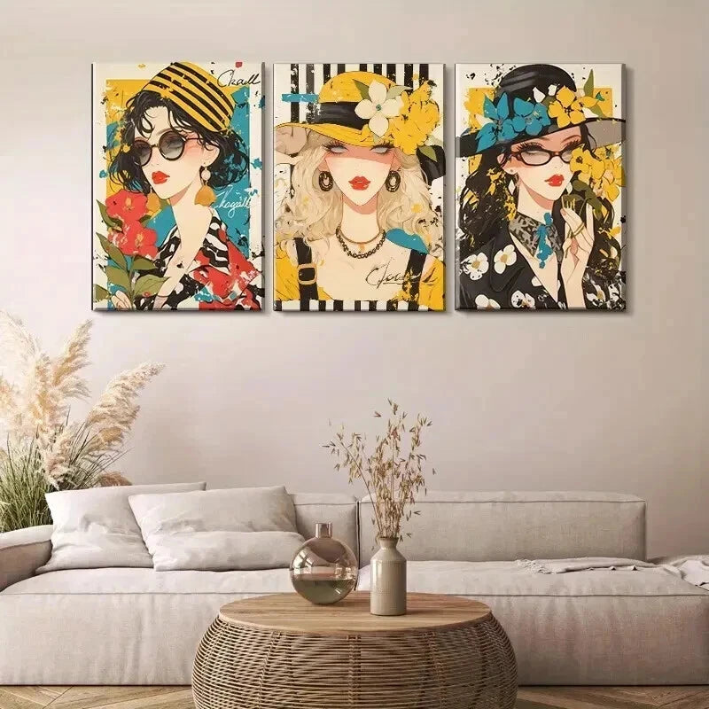3pcs Women with Hats & Glasses Vibrant Perfect Wall Art Set Canvas Framed 50x70cm - High Quality Print 100% Australian Made Wall Canvas Ready to Hang