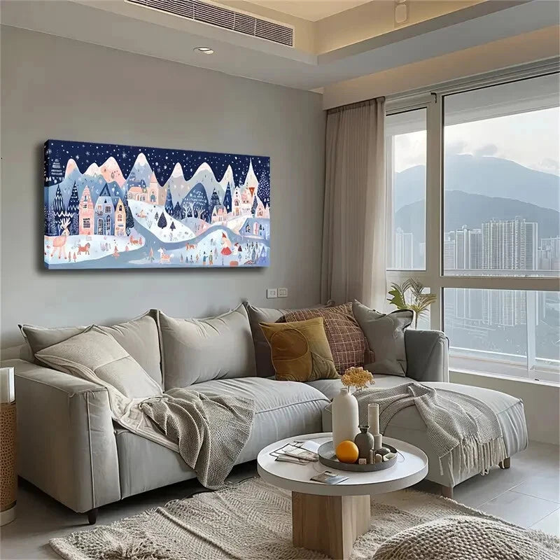 Minimalist Snowy Village Nature Wall Art Canvas Office Home Room Framed 120x60cm