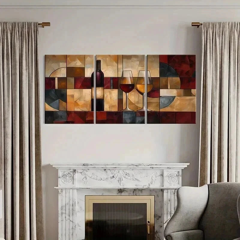 3pcs Abstract Wine Bottle And Glasses Artwork Wall Art Set Canvas Framed 40x60cm - High Quality Print 100% Australian Made Wall Canvas Ready to Hang