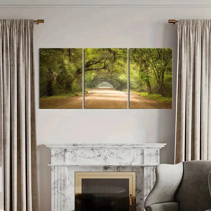 3pcs Serene Sunlit Forest Tree Lined Pathway Wall Art Set Canvas Framed 40x60cm - High Quality Print 100% Australian Made Wall Canvas Ready to Hang